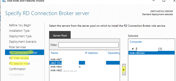 RDS deployment wizard example: selecting RD Connection Broker server