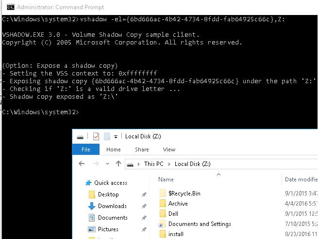 Accessing a VSS snapshot via mklink on Windows VPS