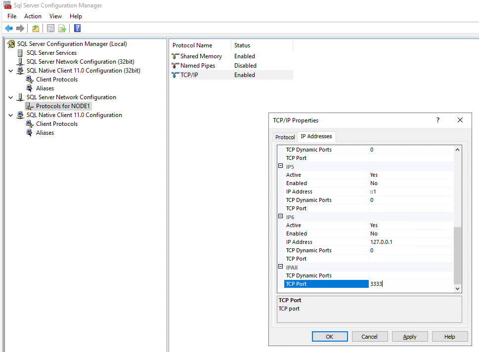 SQL Server IPAll TCP port configuration